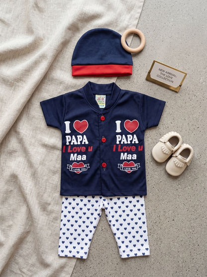 Cute "I Love Papa & Maa" 3-Piece Baby Outfit Set (Navy Blue) - Includes Shirt, Pants & Cap
