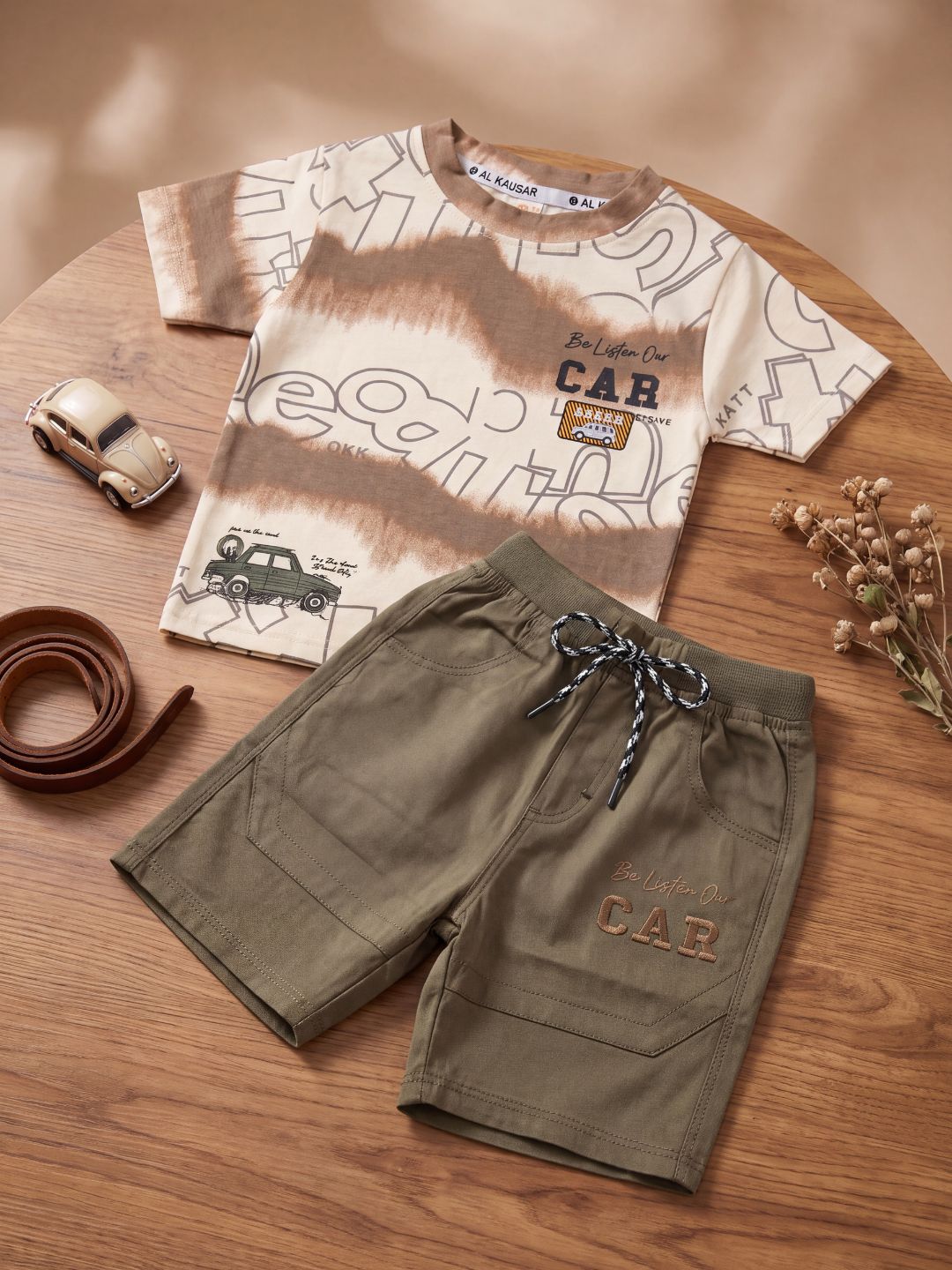 Premium Boys Vintage Car Graphic 2-Piece Summer Set – Beige & Khaki