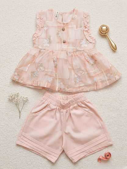 Girls Sweet Summer 2-Piece Set: Blush Pink Floral Peplum Top & Pleated Shorts