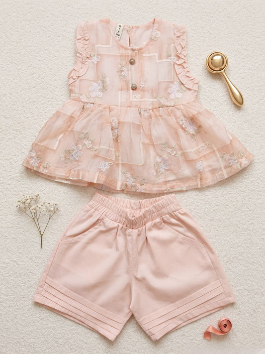 Girls Sweet Summer 2-Piece Set: Blush Pink Floral Peplum Top & Pleated Shorts