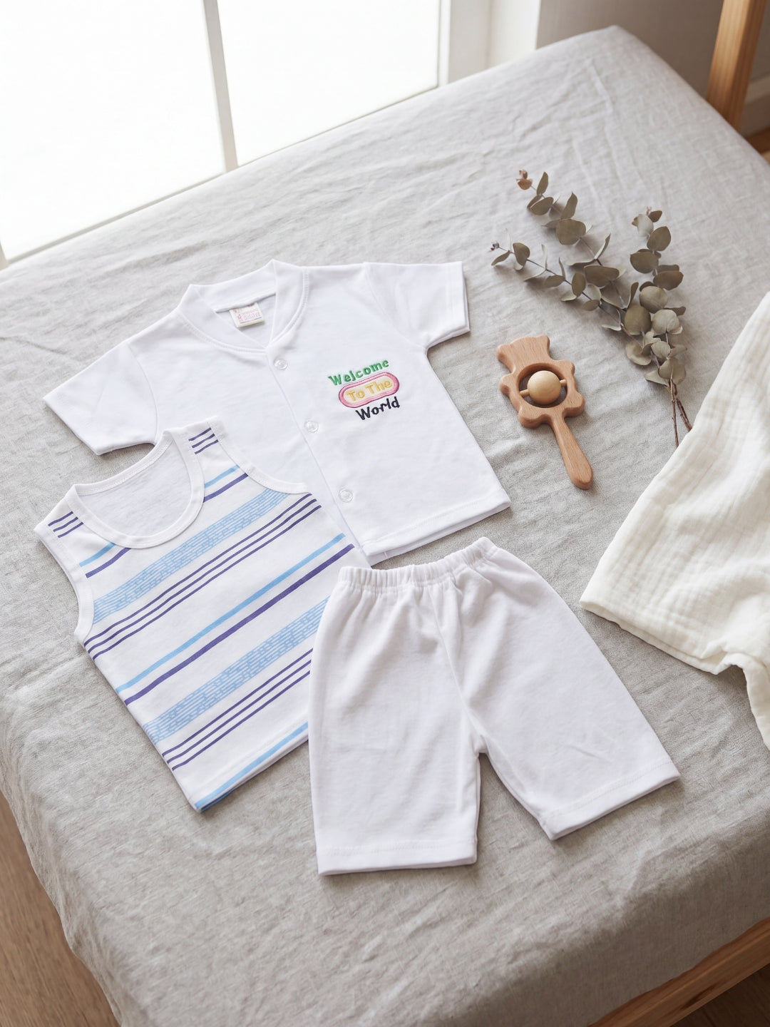 Premium Cotton Newborn Welcome Gift Set 3-Piece Baby Set - White Button Shirt, Shorts, & Striped