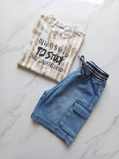 Premium Boys Casual Summer 2-Piece Set: Beige Tie-Dye Graphic Tee & Denim-Style Shorts