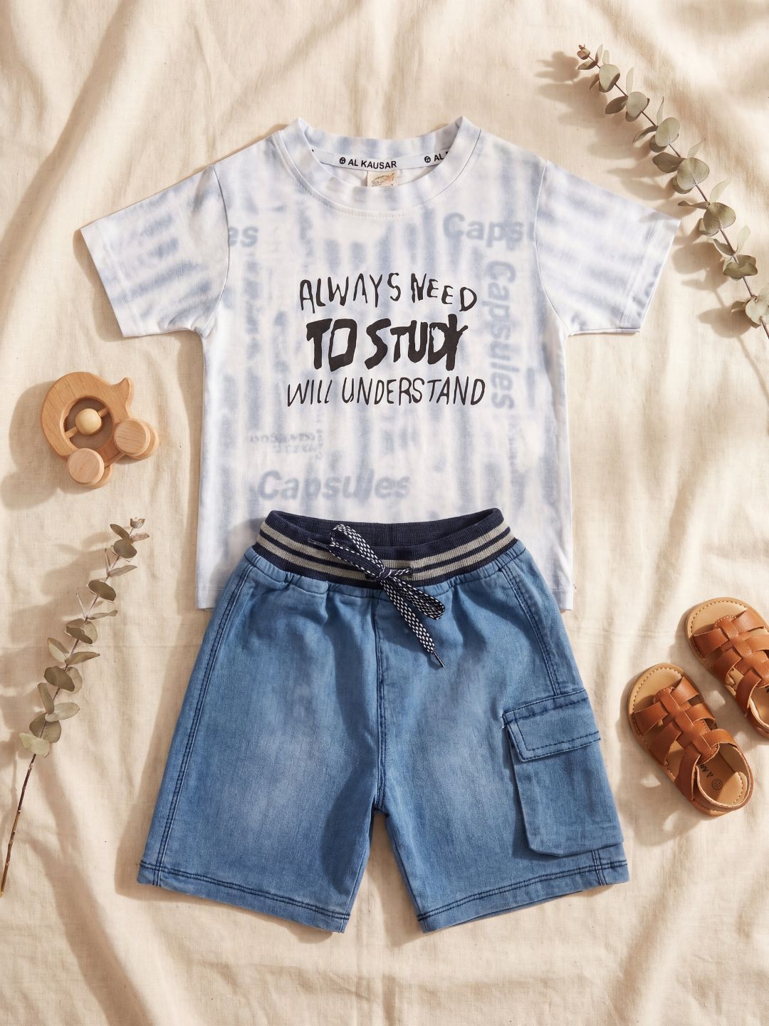 Premium Boys Casual Summer 2-Piece Outfit: Blue Tie-Dye Graphic Tee & Denim-Style Shorts