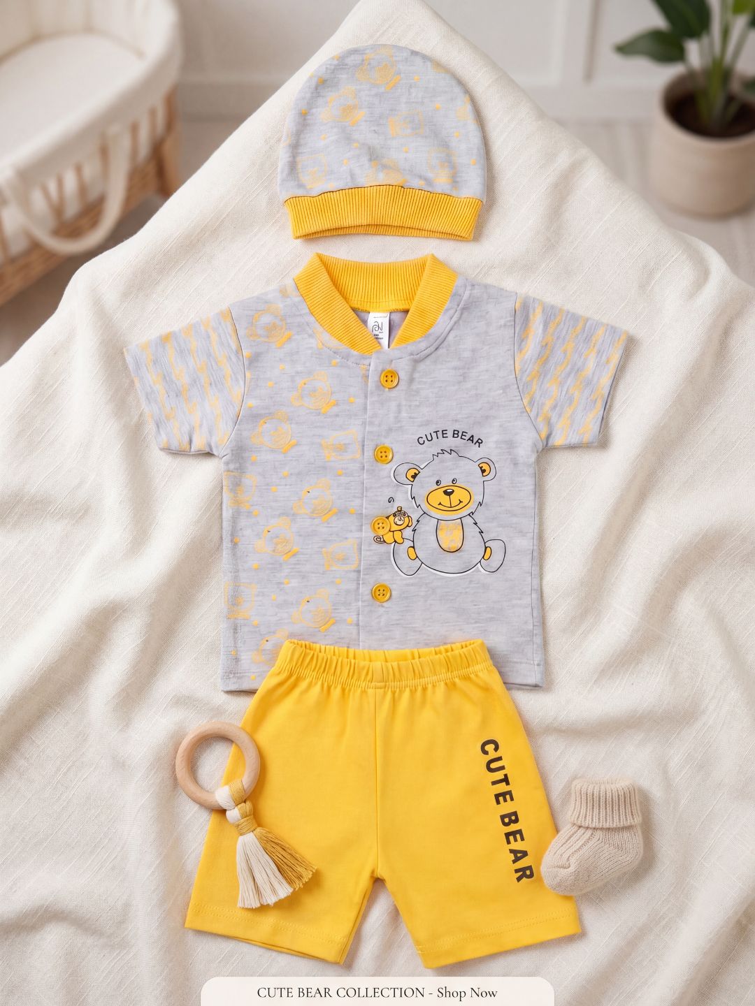 "Cute Bear" 3-Piece Baby Boy Summer Set (Shirt, Shorts & Cap) - Grey/Yellow
