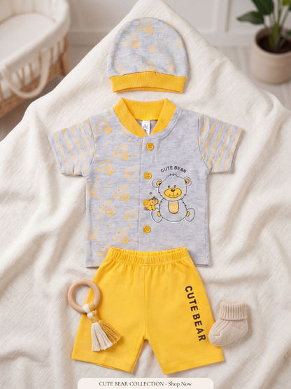 "Cute Bear" 3-Piece Baby Boy Summer Set (Shirt, Shorts & Cap) - Grey/Yellow