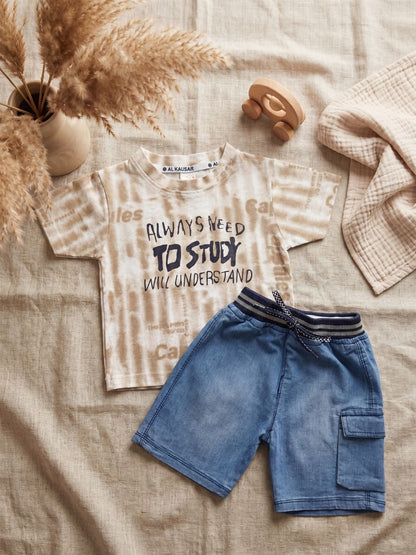 Premium Boys Casual Summer 2-Piece Set: Beige Tie-Dye Graphic Tee & Denim-Style Shorts