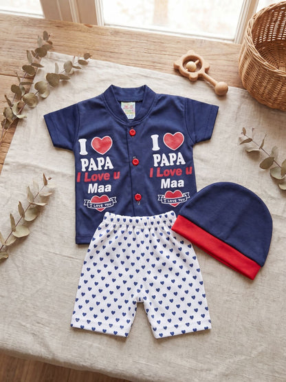 Cute "I Love Papa & Maa" 3-Piece Baby Outfit Set (Navy Blue) - Includes Shirt, Pants & Cap