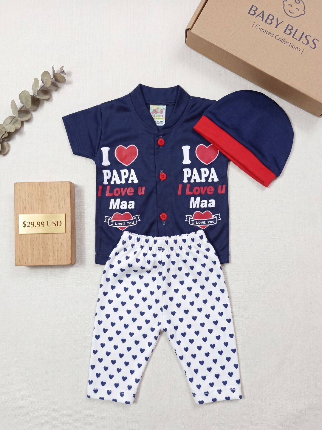Cute "I Love Papa & Maa" 3-Piece Baby Outfit Set (Navy Blue) - Includes Shirt, Pants & Cap