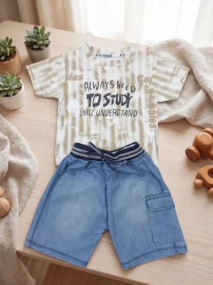 Premium Boys Casual Summer 2-Piece Set: Beige Tie-Dye Graphic Tee & Denim-Style Shorts